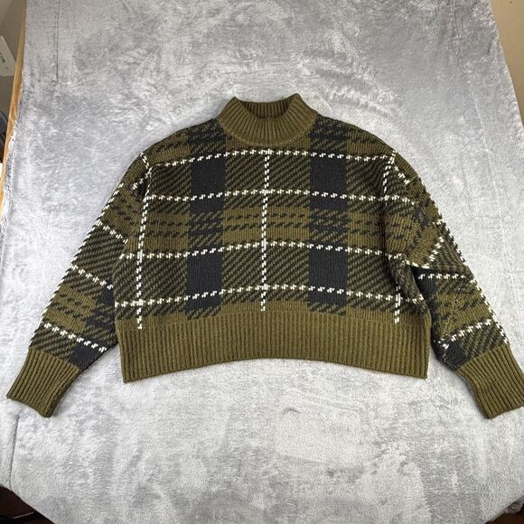 Arizona Jean Co Sweater Womens XL XXL Green Black Plaid Mock Neck Cropped Knit - Picture 1 of 13